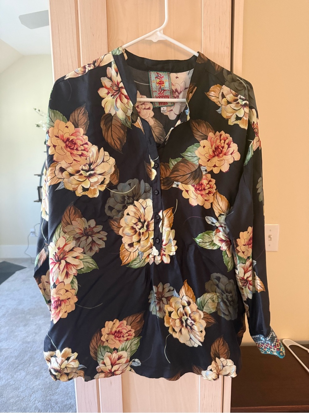 Johnny Was Navy Floral Button-Front Tunic with Cream and Green Blooms